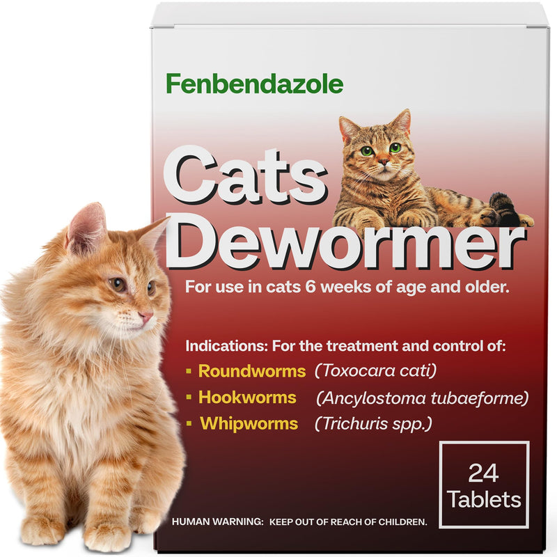 Dewormer for Cats & Kittens, Fenbendazole for All Wormers, Roundworms, Hookworms and Whipworms, 24 Tablets