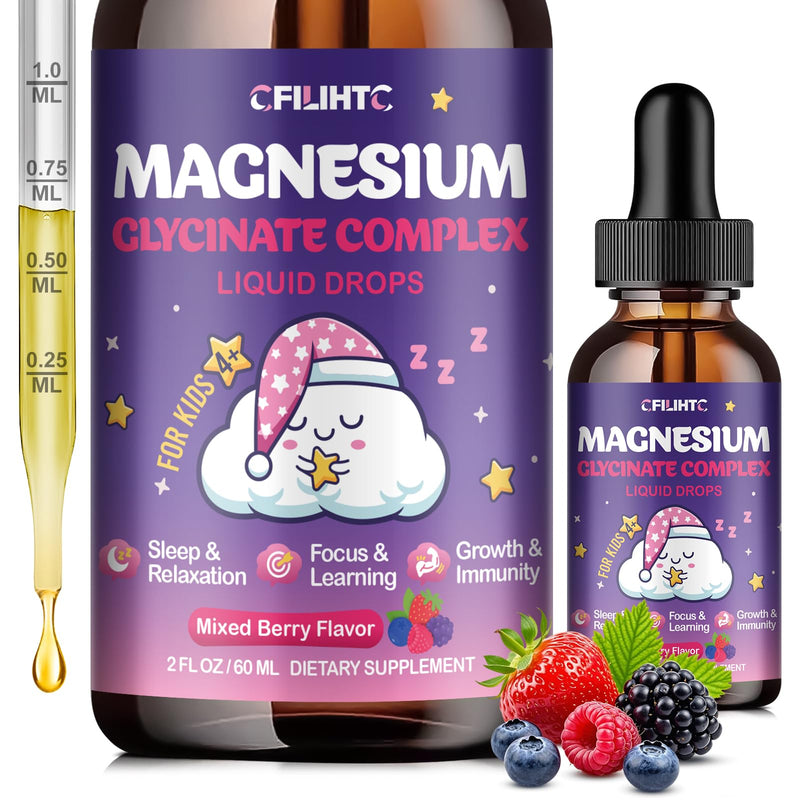 Magnesium Glycinate Liquid for Kids - Magnesium Bisglycinate Drops with L-Theanine, Chamomile & Vitamin B6, B12, C, D3 for Sleep, Relaxation, Immune Support, Calm & Focus - 2 Fl Oz, Mixed Berry Flavor 2 Fl Oz (Pack of 1)