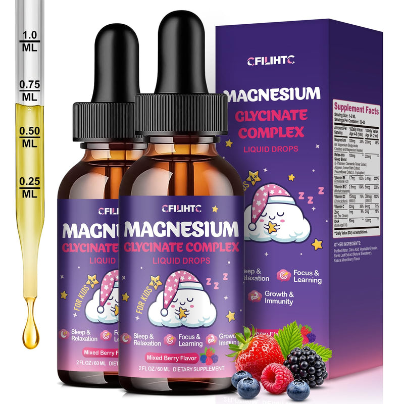 2 Pack Magnesium Glycinate Liquid for Kids - Magnesium Bisglycinate Drops with L-Theanine, Chamomile & Vitamin B6, B12, C, D3 for Sleep, Relaxation, Immune Support, Calm & Focus - 4 Fl Oz, Mixed Berry 2 Fl Oz (Pack of 2)