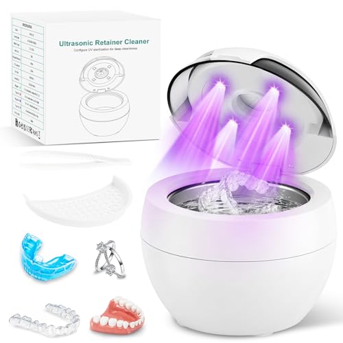 Dental Ultrasonic Retainer Cleaner Machine, 45kHz Cleaning Pod with Digital Timer & 200ML Stainless Steel Tank for Dentures, Aligners, Mouth Guards, Night Guards, Braces, Toothbrush Heads & Jewelry White