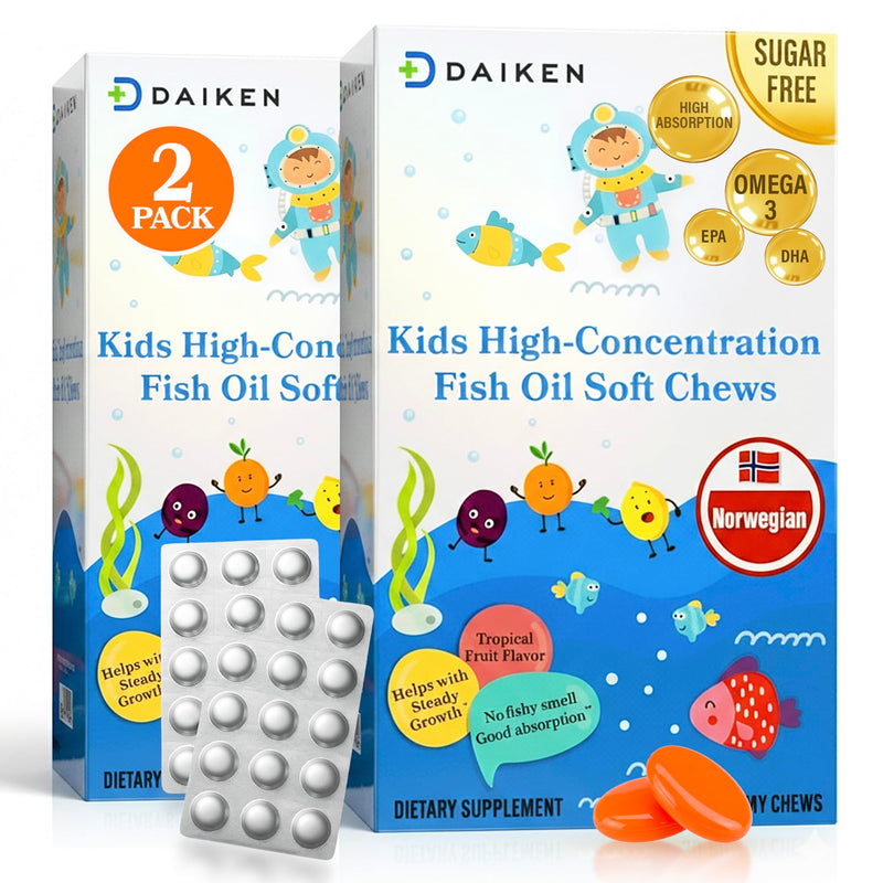 DAIKEN Kids Fish Oil Gummies-Sugar Free Omega 3 for Kids DHA/EPA & D3, 2Pk | High Potency 300mg Norwegian Omega-3 for Kids’ Brain Development & Immune Support, Individually Wrapped, Tropical Fruit, 30ct 30 Count (Pack of 2)