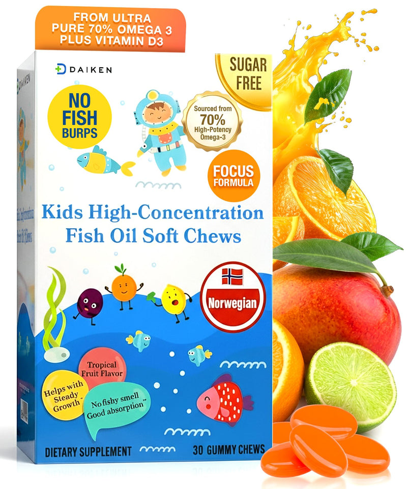 DAIKEN Kids Fish Oil Gummies-Sugar Free Omega 3 for Kids DHA/EPA & D3, 30ct | High Potency 300mg Norwegian Omega-3 for Kids‘ Brain Development & Immune Support, Individually Wrapped, Tropical Fruit 30 Count (Pack of 1)
