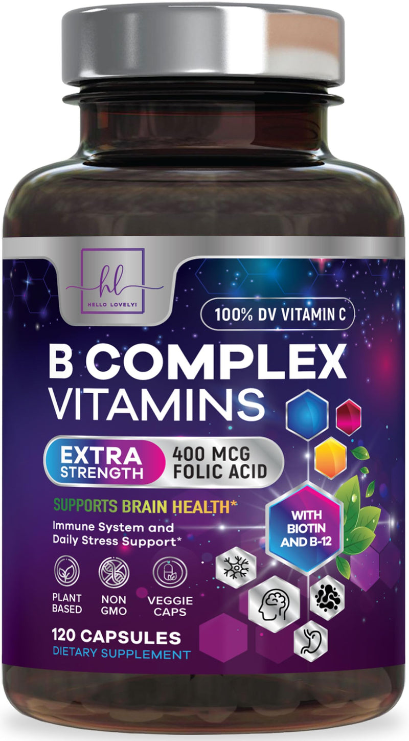 B Complex Vitamin Supplement - 3X Strength with Biotin, Vitamin C & Folic Acid - Super B12 Complex Vitamins for Energy, Supports Hair Growth, Immune Support for Women & Men, USA Bottled, 120 Capsules 120 Count (Pack of 1)