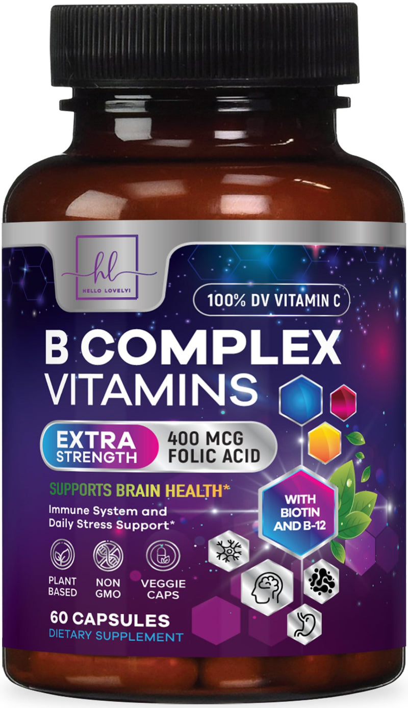 B Complex Vitamin Supplement - 3X Strength with Biotin, Vitamin C & Folic Acid - Super B12 Complex Vitamins for Energy, Supports Hair Growth, Immune Support for Women & Men, USA Bottled, 60 Capsules 60 Count (Pack of 1)