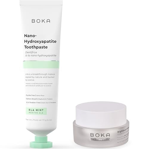 Boka Fluoride Free Toothpaste, Nano Hydroxyapatite Toothpaste, Appropriate for Sensitive Teeth - for Adult Oral Care - Ela Mint Flavor, 4 Fl Oz 1Pk and Boka Teeth Whitening Brightboost Powder Bundle