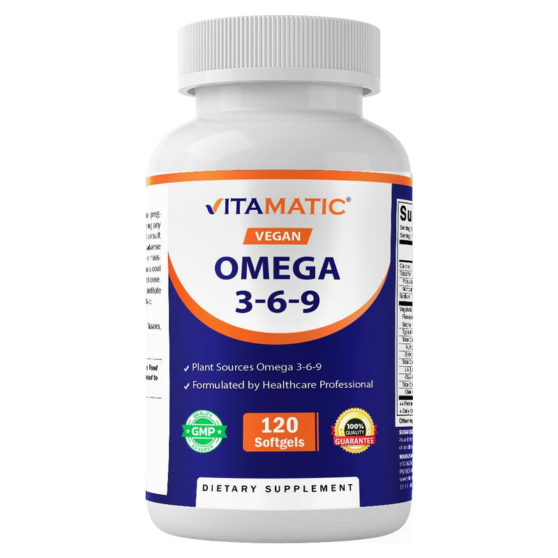 Vitamatic Vegan Omega 3-6-9 Complex 1250mg | Flaxseed, Olive, Borage & Algae Oils | Plant-Based Omegas | 120 Softgels