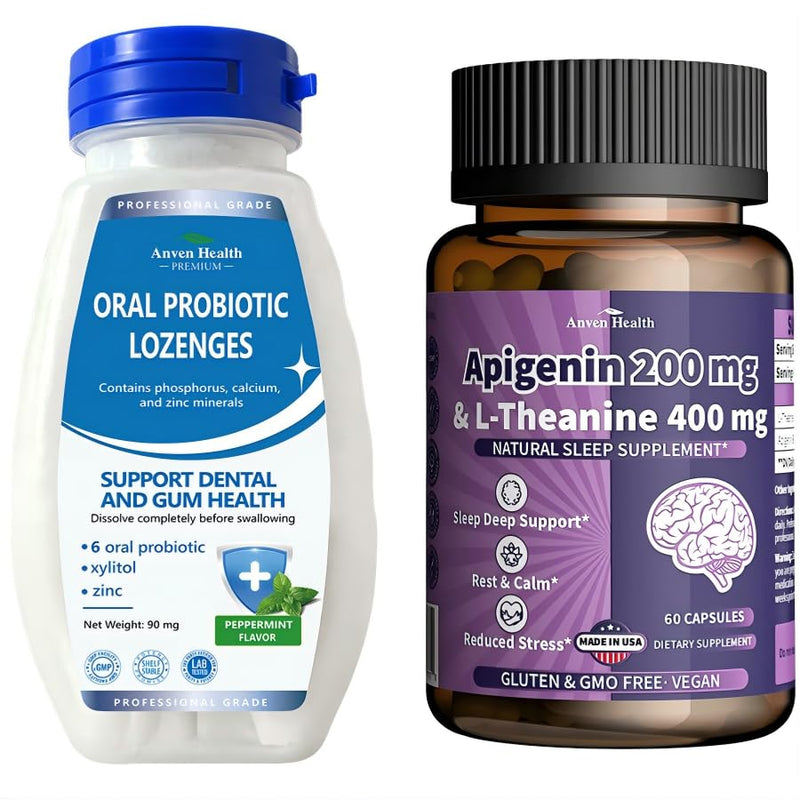 Oral Probiotics Lozenges for Mouth Bad Breath & Gum Repair & Anven Health 400mg L-Theanine with 200mg Apigenin Supplement for Sleep