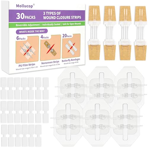 30 Pack Butterfly Bandages for Wound Closure, Upgraded Reversible Adjustment Wound Closure Strips, 3 Types Emergency Laceration Closure Kit for Pain-Free Bleeding Control & Stitchless Healing
