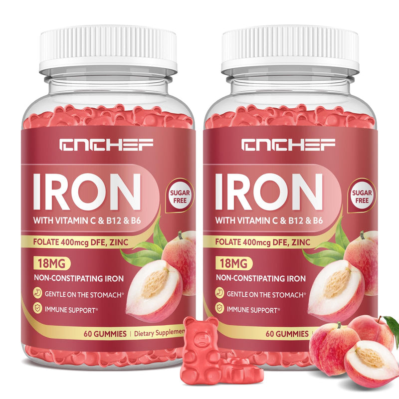 2PCS Iron Supplement for Women & Men Gummies, Multivitamin Blood Builder Iron Supplement with Folate Vitamin C B12 B6 Zinc for Adults & Kids - Energy Support - Peach Flavor, Vegan 120 Gummies 60 Count (Pack of 2)