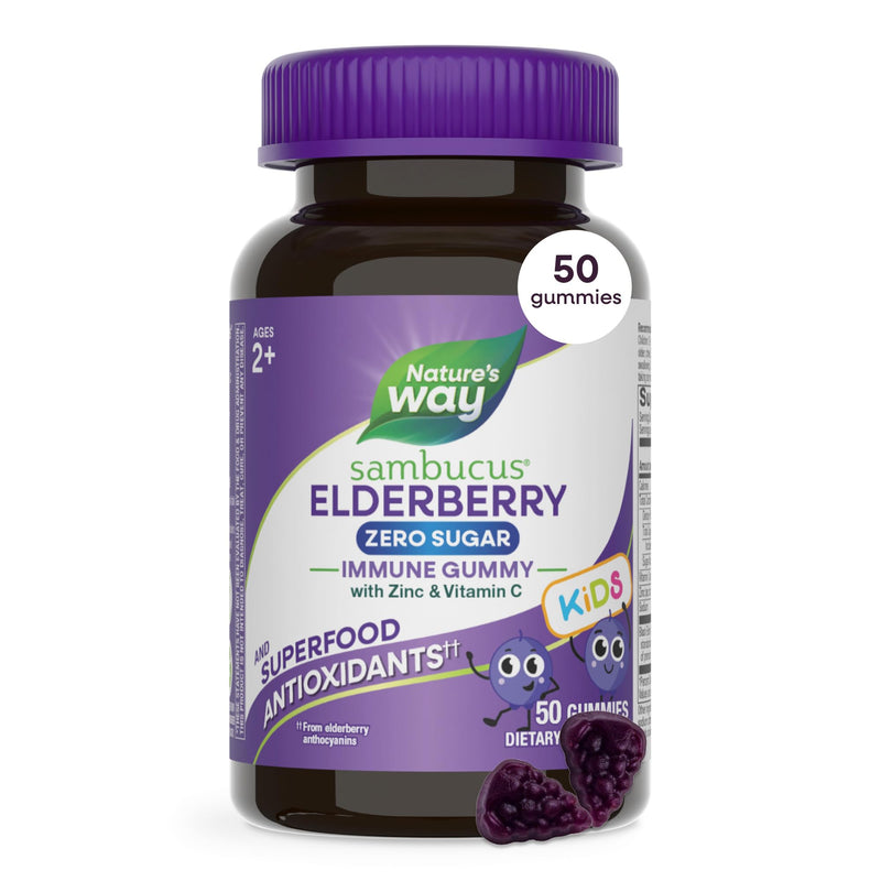 Nature's Way Sambucus Kids Zero Sugar Elderberry Immune Gummies, 50 ct | Immune Support Gummy for Kids Ages 2+,* with Black Elderberry Extract, Vitamin C, and Zinc, Zero Sugar 50 Count (Pack of 1)