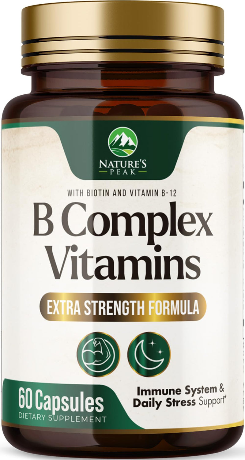 B Complex Vitamin Supplement with Vitamin C & Folic Acid - 60 Capsules | Super B Vitamin Complex - Contains B1, B2, B3, B6, and B12 vitamins for comprehensive nutritional support 60 Count (Pack of 1)