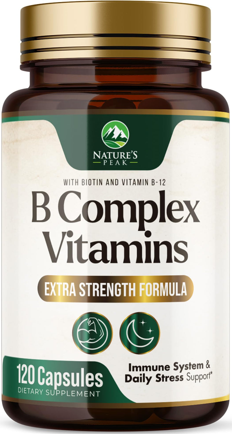 B Complex Vitamin Supplement with Vitamin C & Folic Acid - 120 Capsules | Super B Vitamin Complex - Contains B1, B2, B3, B6, and B12 vitamins for comprehensive nutritional support 120 Count (Pack of 1)