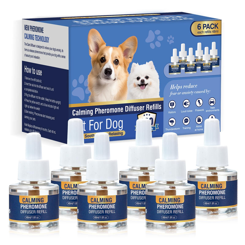 Dog Calming Diffuser Refills 6 Pack Pheromone Appeasing Pet Pheromones Refill 48ml to Calm for Anxiety Relief Reduce Aggression Stress Fighting Barking Fit Common Diffusers Plug in 180 Day(Tasteless) Tasteless
