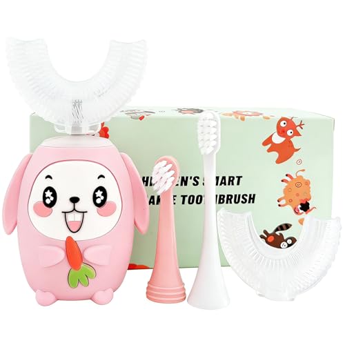 SNOWROSE Kids Electric Toothbrush U-Shaped, IPX7 Waterproof Design with 4 Brush Head 3 Modes, Sonic Automatic 360 Degree Full Mouth Cleaning Children Toothbrush for Ages 2-12 (Pink) Pink
