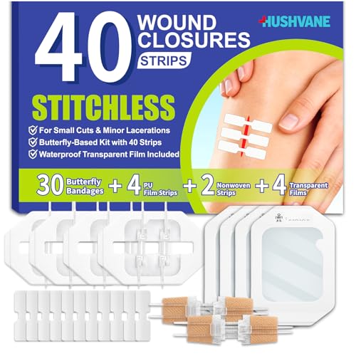 Wound Closure Strips for Skin, 40 Pack Stitchless Skin Closure Device, Alternative to Stitches for Cuts & Lacerations, Butterfly Bandages for Wound Closure, Waterproof & Breathable