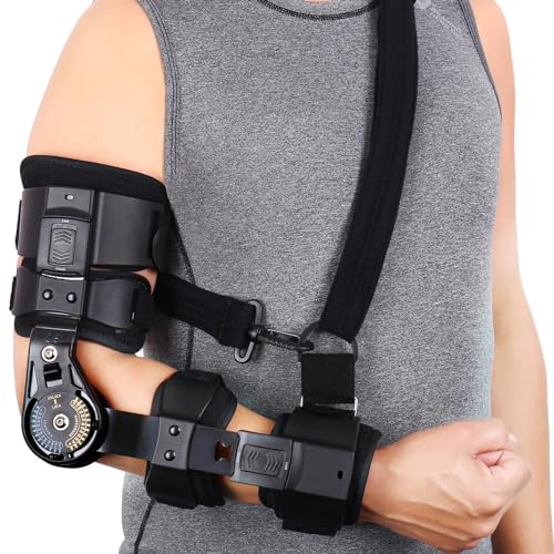 Hinged ROM Elbow Brace Adjustable Post OP Elbow Support - Arm Stabilizer Splint for Surgery, Dislocation, Ligament & Tendon Repair Recovery w/Sling Fits Men & Women (Right) Right