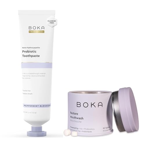 Boka Fluoride Free Probiotic Toothpaste Peppermint Blossom 4 Fl Oz and Travel Size Mouthwash Tablets Mint 1pack 90 pcs, Appropriate for Sensitive Teeth, Freshens Breath Bundle
