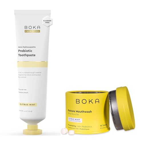 Boka Fluoride Free Probiotic Toothpaste Citrus Mint 4 Fl Oz and Travel Size Mouthwash Tablets Citrus Mint 1pack 90 pcs, Appropriate for Sensitive Teeth, Freshens Breath Bundle
