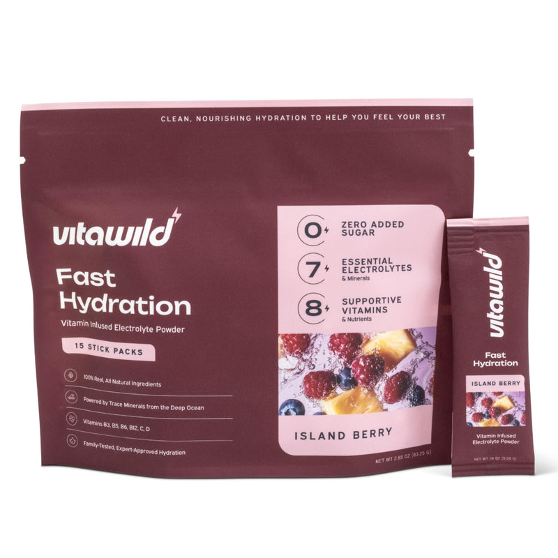 Clean Electrolytes Powder Packets No Sugar Added, 8 Vitamins & 7 Electrolytes Drink Mix Hydration Powder, Zero Sugar Added Hydrate Single Serve Travel Packs, 15 Water Hydration Packets, Island Berry