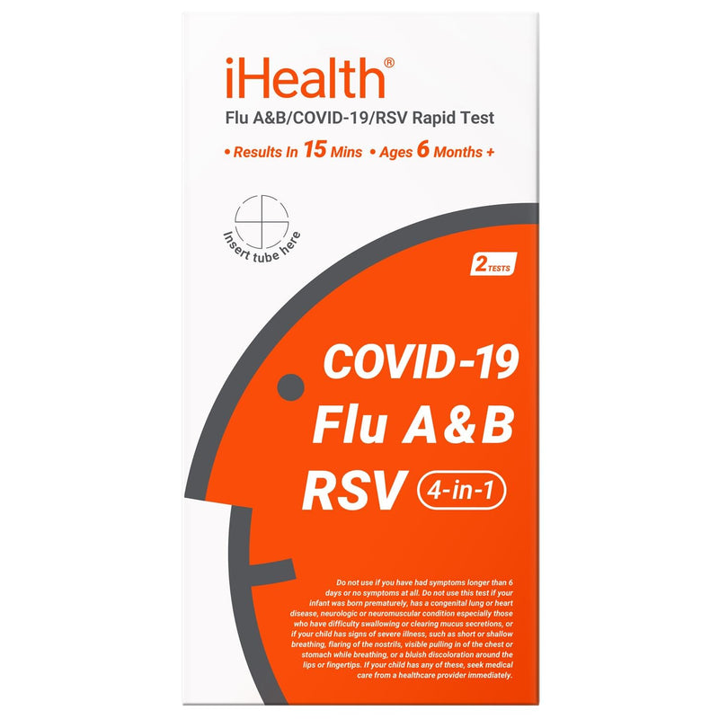 iHealth Flu A/B, COVID-19 & RSV 4-in-1 Antigen Rapid Test, Results in 15 Minutes, FDA Authorized OTC Home Test, Non-Invasive Nasal Swab, Easy to Use & No Discomfort (1 Pack, 2 Tests Total)
