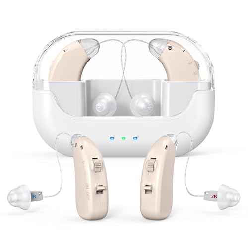 Rechargeable Hearing Aids for Adults & Seniors, hearing aids, Noise Cancelling Behind-the-Ear Amplifiers – Portable Charging Case, Lightweight, Stepless Volume Adjustment (Brown) Brown
