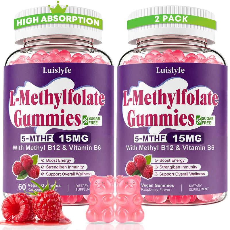 2 Pack L-Methylfolate 15mg Gummies & Methyl B12, High Absorption Active Folate 5-MTHF Supplement for Cognition, Mood & Immune, Sugar Free, Vegan, Non-GMO, Raspberry Flavor, 120 Count 60 Count (Pack of 2)