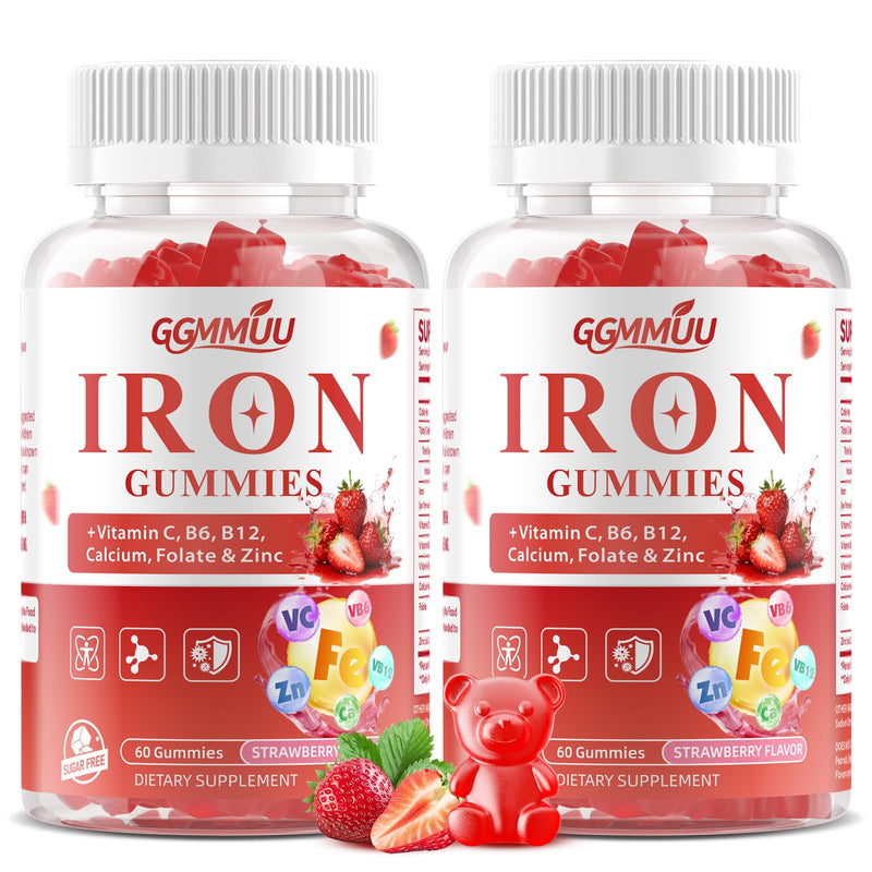2 Pack Sugar Free Iron Gummies for Energy Support, 120 Count | Formulated with Folate, Zinc, Vitamin C, B12 & B6, Vegan Supplement, Gentle on Stomach, Strawberry Flavor 60 Count (Pack of 2)