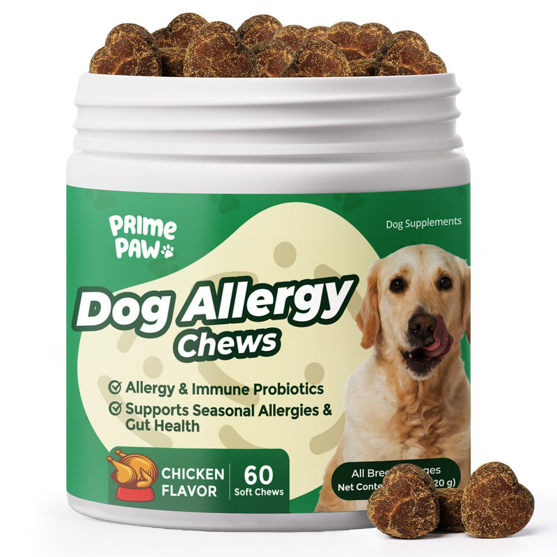 Dog Allergy Chews - Immune & Itch Relief Support with Probiotics, Fish Oil, Colostrum & Bromelain - Seasonal Allergy Relief & Skin & Coat Health - Soft Chews, Chicken Flavor, 60 Count
