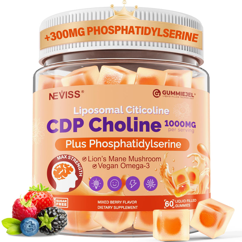 NEVISS Citicoline 1000mg & Phosphatidylserine 300mg, CDP Choline Gummies | Brain Supplement for Memory and Focus w/ Lion's Mane Mushroom, Omega-3, Methylfolate, B6 B12,Non-GMO Soy Free,Sugar Free,60Ct