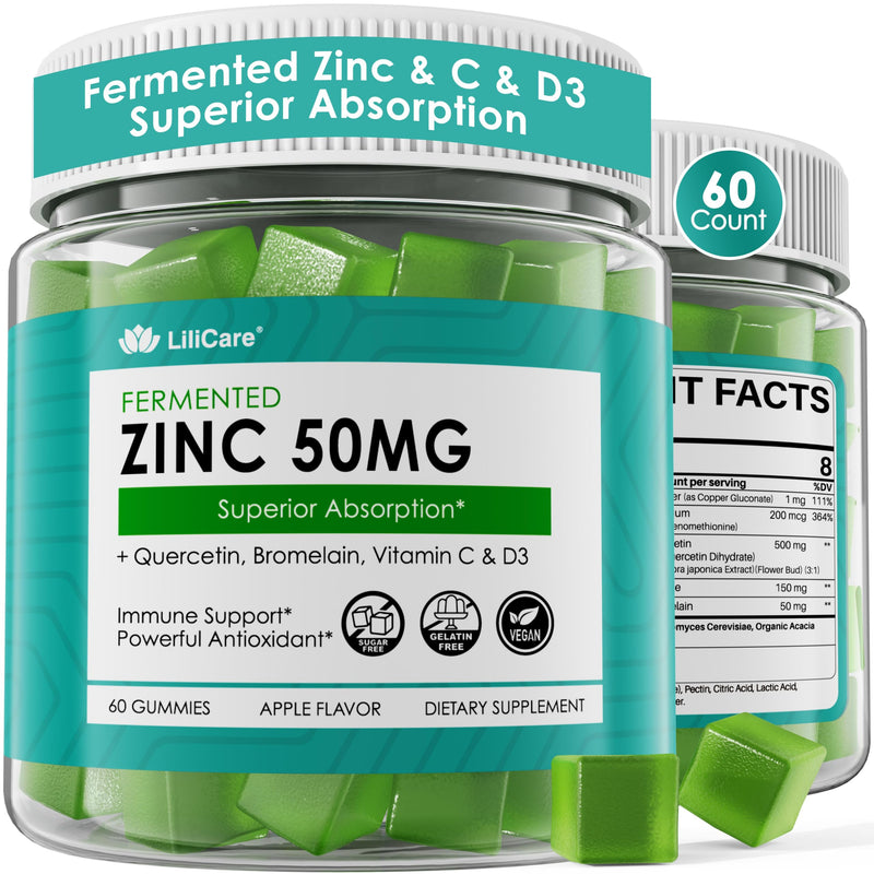 Fermented Zinc Gummies 50mg + Vitamin C & D3 Zinc Supplements for Women Men | Zinc Picolinate Gummies Alternaitive, Superior Absorption & Stomach Friendly, Zinc for Immune, Antioxidant, Skin, Vegan 60Cts 60 Count (Pack of 1)