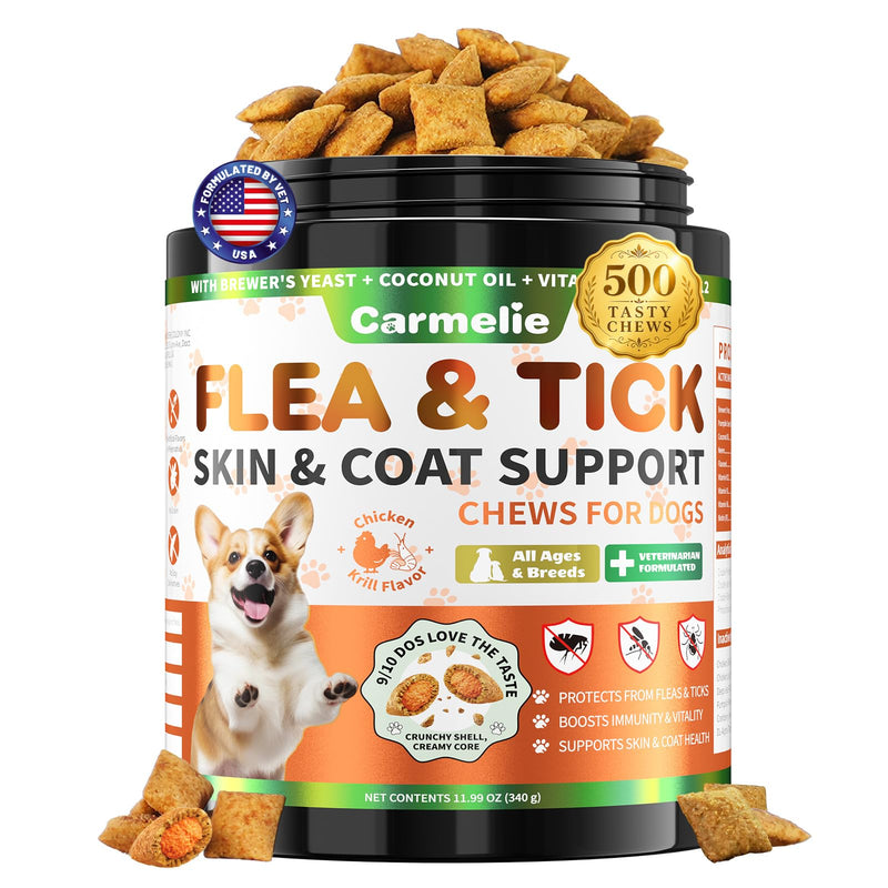 Flea and Tick Prevention for Dogs Chewables, 500ct Dog Flea and Tick Treatment with Multivitamins - Support Skin & Coat - Tasty Treats for All Breeds - Crunchy & Savory Chicken and Krill Flavor