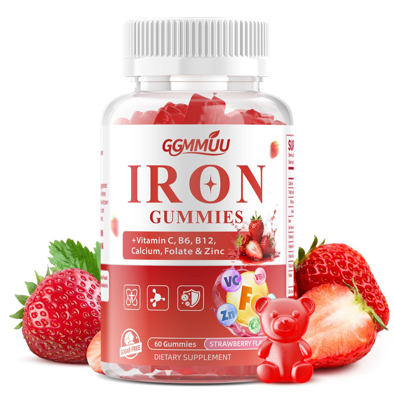 Sugar Free Iron Gummies for Energy Support, 60 Count | Formulated with Folate, Zinc, Vitamin C, B12 & B6, Vegan Supplement, Gentle on Stomach, Strawberry Flavor 60 Count (Pack of 1)