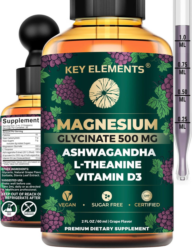 Liquid Magnesium Glycinate 500mg with Ashwagandha & L Theanine | Stress Relief, Sleep and Calm Vitamin D3 Magnesium Supplement | Ashwagandha and Magnesium with L-Theanine