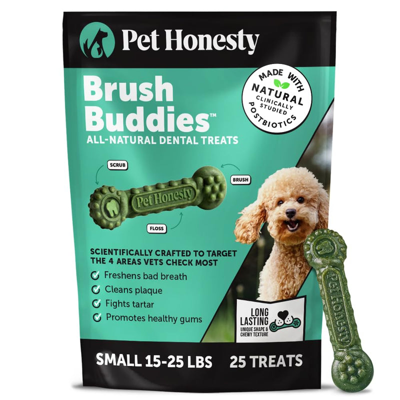 Pet Honesty Brush Buddies All Natural Dog Dental Treats for Dogs – Long Lasting Dental Sticks for Dogs, Teeth Cleaner, Breath Freshener, Plaque & Tartar Remover – Small Dogs (25 Count) Small Dog - 25 Count