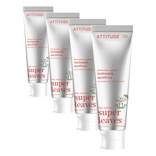 ATTITUDE Toothpaste with Fluoride, Prevents Tooth Decay and Cavities, Vegan, Cruelty-Free and Sugar-Free, Watermelon, 4.2 Oz (Pack of 4) 4.2 Ounce (Pack of 4)