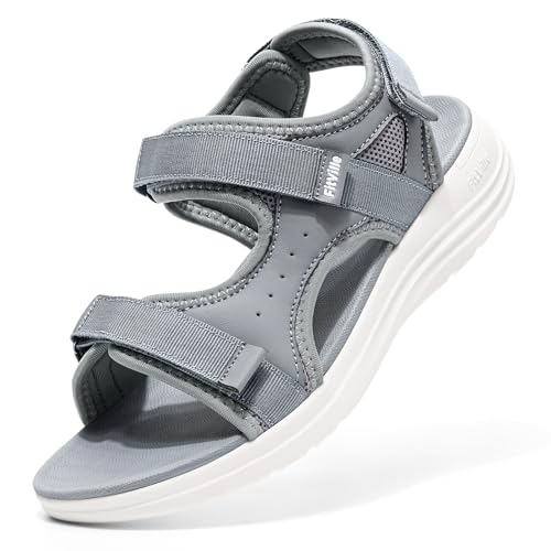 FitVille Wide Orthopedic Women's Sandals Wide Width Walking Sandals for Women Plantar Fasciitis & Swollen Feet with Adjustable Ankle Strap 8 Wide Grey