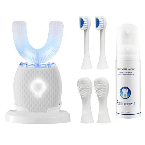 U-Shaped Electric Toothbrush for Adults, 360° Ultrasonic Cleaning with Foam Mousse, 4 Brush Heads, Blue LED Light, All-in-One Charging Base (White) White