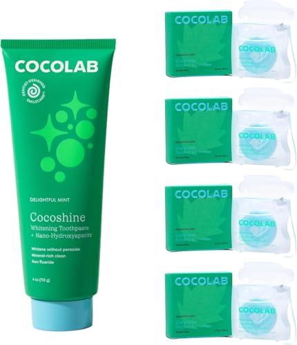 Cocolab Cocofloss Oral-Care Set, 4 Spools Dental Floss & 1 Cocoshine, Woven String Floss with Coconut Oil, Powerful Whitening Toothpaste, Dentist-Designed, Delightful Mint