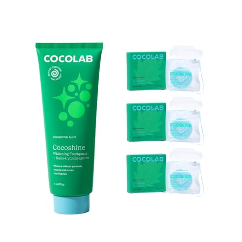Cocolab Cocofloss Oral-Care Set, 3 Spools Dental Floss & 1 Cocoshine, Woven String Floss with Coconut Oil, Powerful Whitening Toothpaste, Dentist-Designed, Delightful Mint