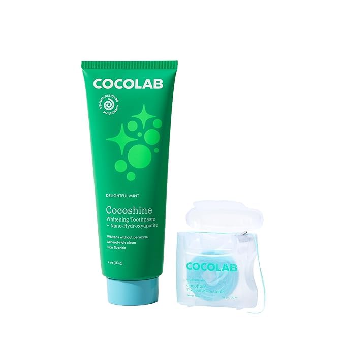 Cocolab Cocofloss Oral-Care Set, 1 Spool Dental Floss & 1 Cocoshine, Woven String Floss with Coconut Oil, Powerful Whitening Toothpaste, Dentist-Designed, Delightful Mint