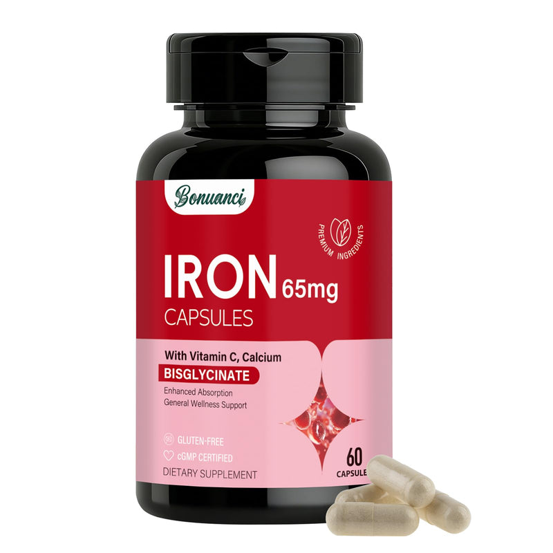 Iron Supplement - Iron 65mg High Absorption Iron Bisglycinate with Vitamin C, Calcium, Gentle Iron Pills for Women Men - Non GMO & Gluten Free, Stomach Friendly, 60 Capsules 60 Count (Pack of 1)