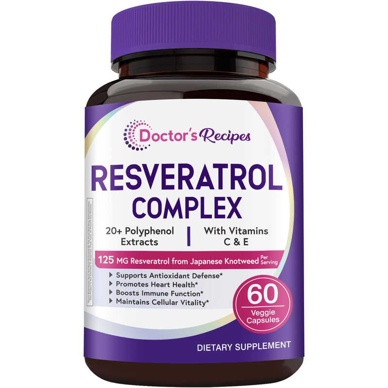 Doctor's Recipes 26-In-1 Resveratrol Complex 1179mg, Trans-resveratrol from Japanese Knotweed, 20+ Polyphenol Extracts, Vitamins C & E, Antioxidant Support, Heart Health & Immune Function, 60 Capsules