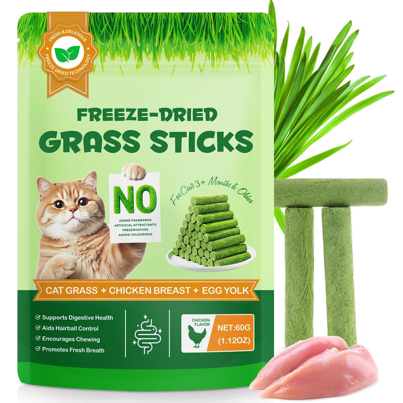 Freeze-Dried Cat Grass Sticks for Teething, High Meat Content Hairball Control & Dental Health Chews, Grain-Free Cat Treats with Chicken & Egg Yolk Grass Grass Sticks 1.12 Ounce (Pack of 1)