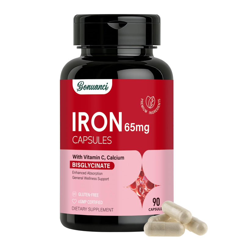 Iron Supplement - Iron 65mg High Absorption Iron Bisglycinate with Vitamin C, Calcium, Gentle Iron Pills for Women Men - Non GMO & Gluten Free, Stomach Friendly, 90 Capsules 90 Count (Pack of 1)
