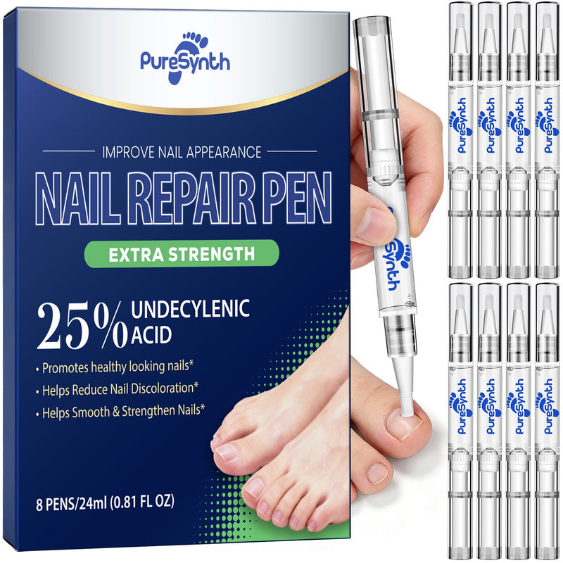 Extra Strength Nail Fungus Repair Pen (OTC Maximum Strength), 25% Undecylenic Acid + Aloe & Vitamin E, For Thick Yellow Discolored Nails, 24 mL (0.81 fl oz) Total, 8-Pack,Designed in USA (White) White