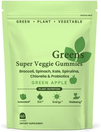 WonderGreens Super Greens Gummies with Probiotics & Multivitamins,Green Apple Veggie Gummies for Energy Gut & Immune Support Gummy 60 Count