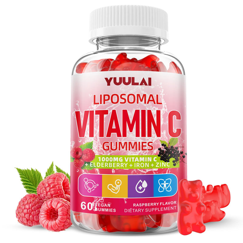 Liposomal Vitamin C 1000mg Gummies for Adults, Vitamin C Chewable with Iron, Zinc & Elderberry for Immune Support & Energy, Sugar Free, Raspberry Flavor, 60 Count 60 Count (Pack of 1)
