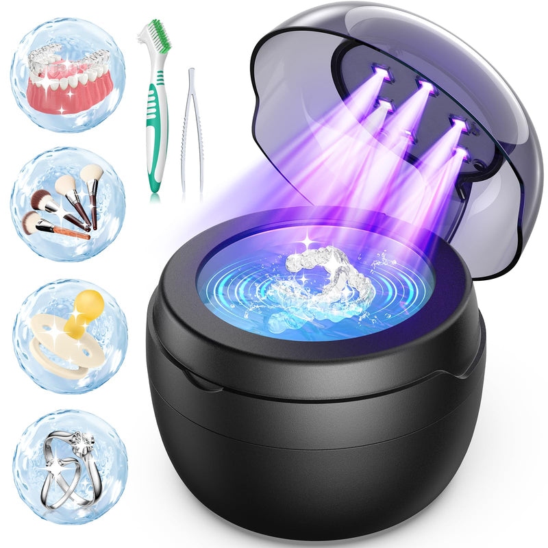 AI Ultrasonic Retainer Cleaner, 250ML Retainer Cleaner Machine for Dentures, Mouth Guards, Braces, Toothbrush Heads, Jewelry, Ring, 50kHz Digital ultrasonic Cleaner with 4 Modes (Black) Black