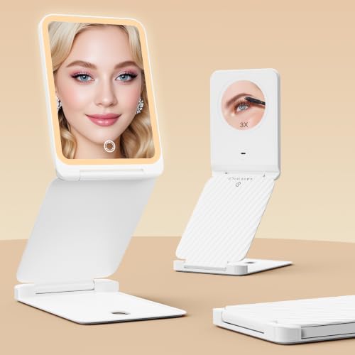 Travel Makeup Mirror with Lights, Rechargeable, 1X/3X Magnification, White