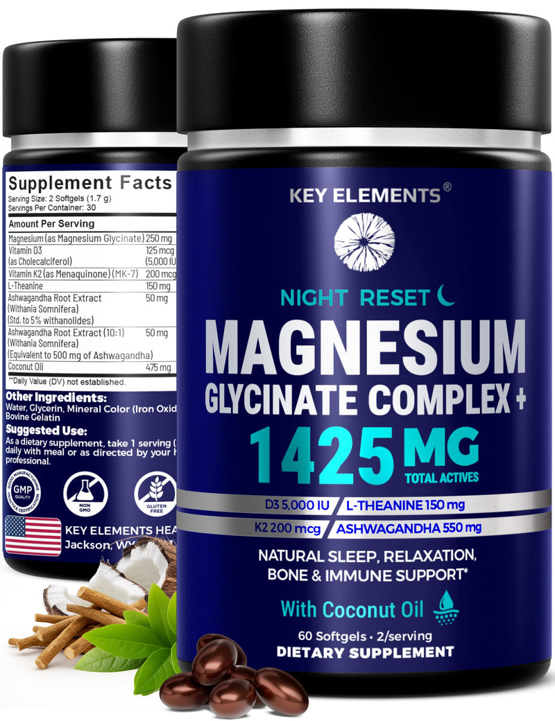 Magnesium Glycinate Complex 1425mg with Vitamin D3 5000 IU & K2 MK-7 200mcg - Magnesium for Sleep, Relax & Bone Health - Chelated Magnesium Supplement with Ashwagandha L Theanine Softgels